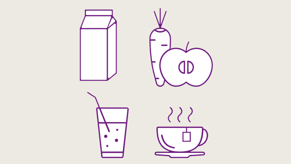 illustrazione latte, tè, acqua frizzante, carota e viola mela